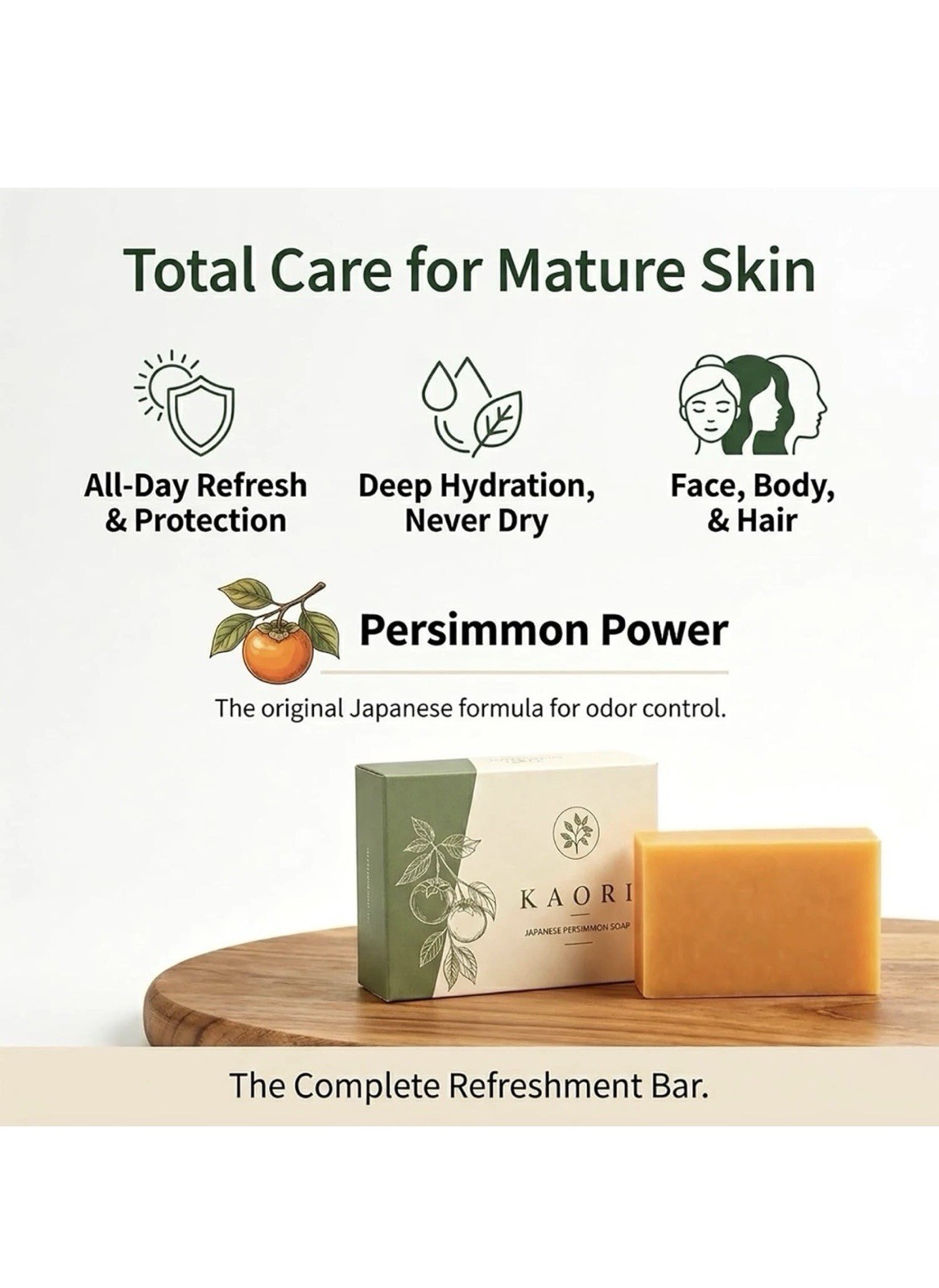 Kaori Deodorizing Persimmon Soap for Old People Smell, Moisturizing Mature Skin,
