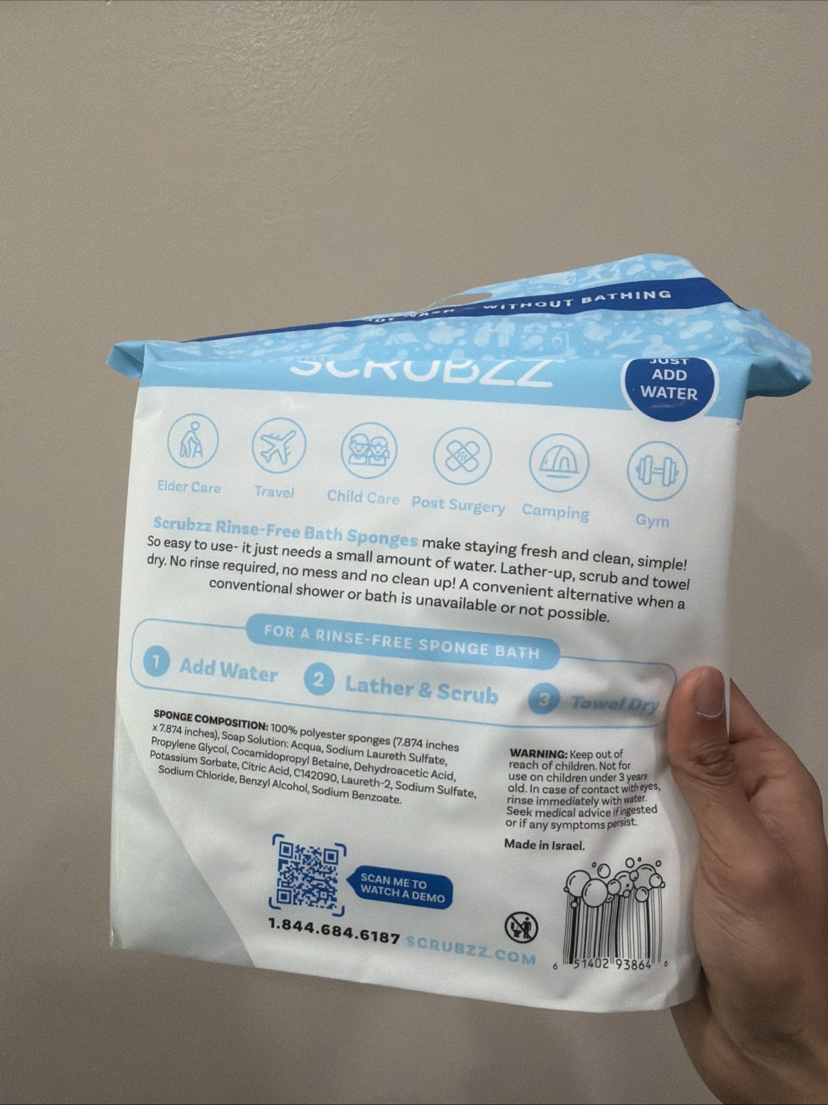 Scrubzz Disposable Rinse Free Bath Sponges Sensitive Skin Soap and Shampoo 25 Ct