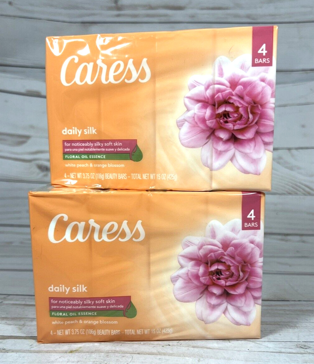 Caress Daily Silk White Peach Orange Blossom Floral Bar Soap 4-Bar (2 Pack)