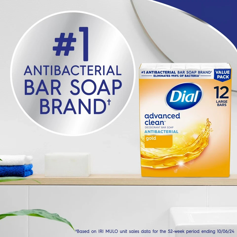 Dial Antibacterial Deodorant Bar Soap, Advanced Clean, Gold 4 oz 12 Bars