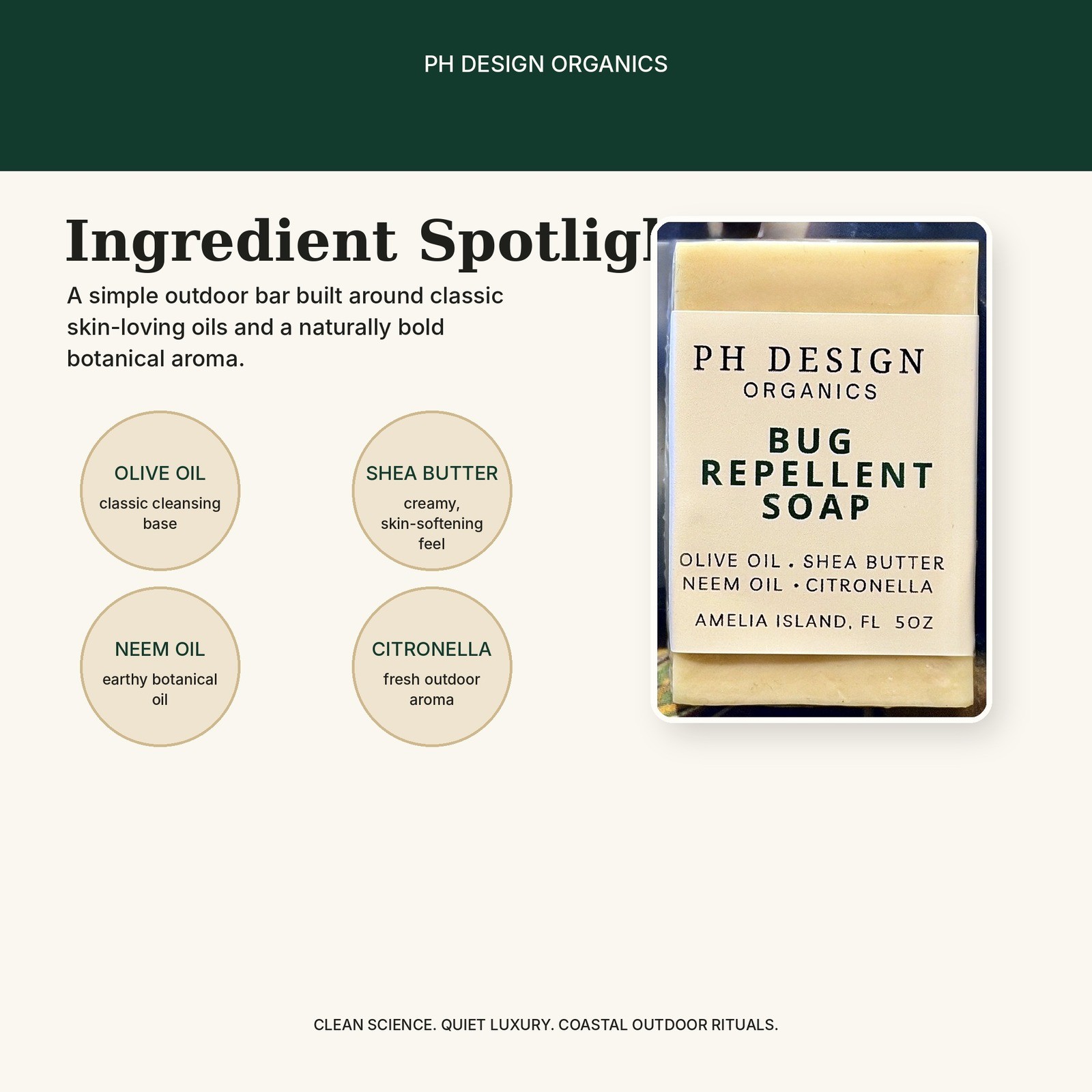 PH Design Bug Repellent Soap Natural Citronella Neem Oil Bar 5oz DEET Free