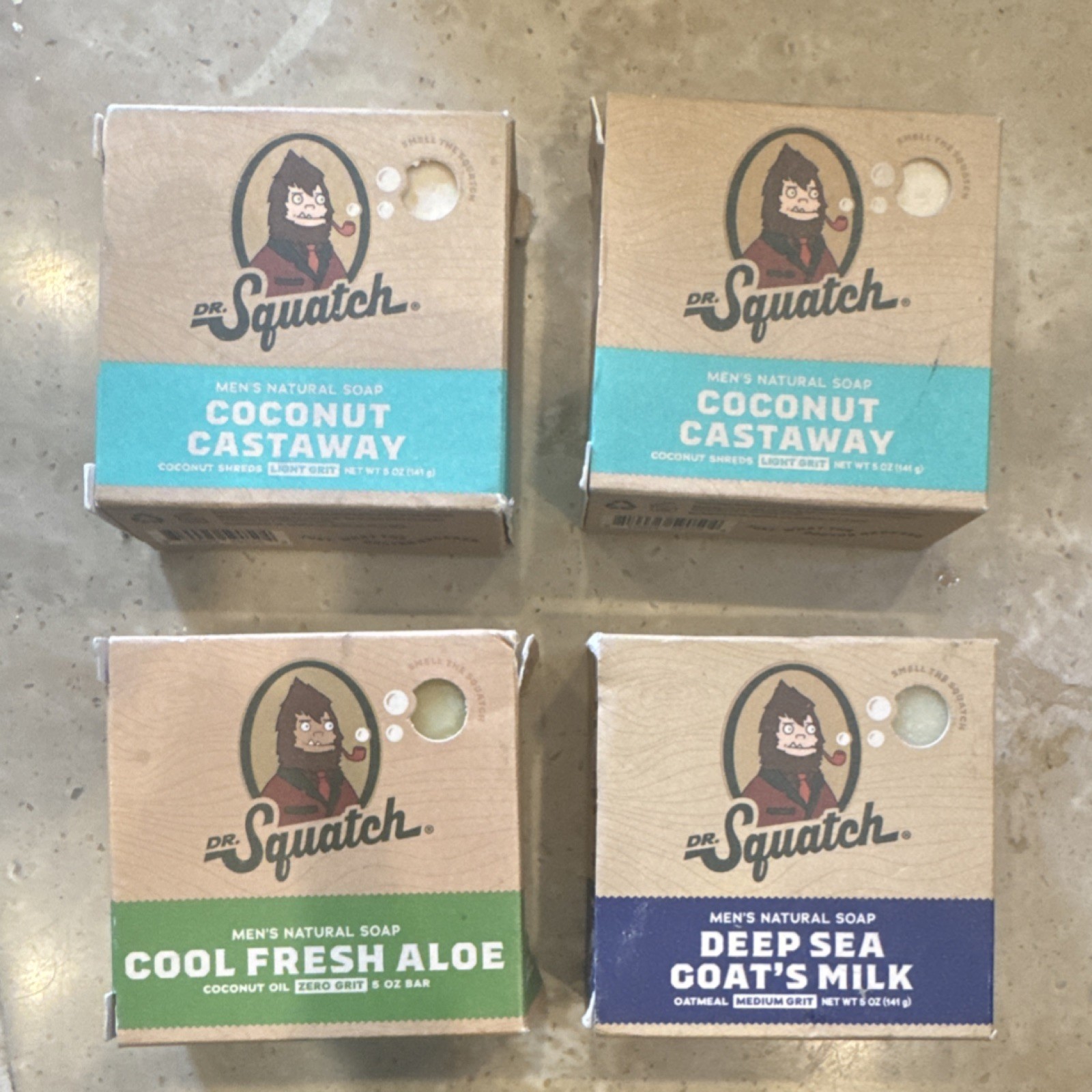 Dr. Squatch Men’s Natural Soap 4 set. 2 Coconut Castaway Aloe 1Goat’s Milk 5 oz