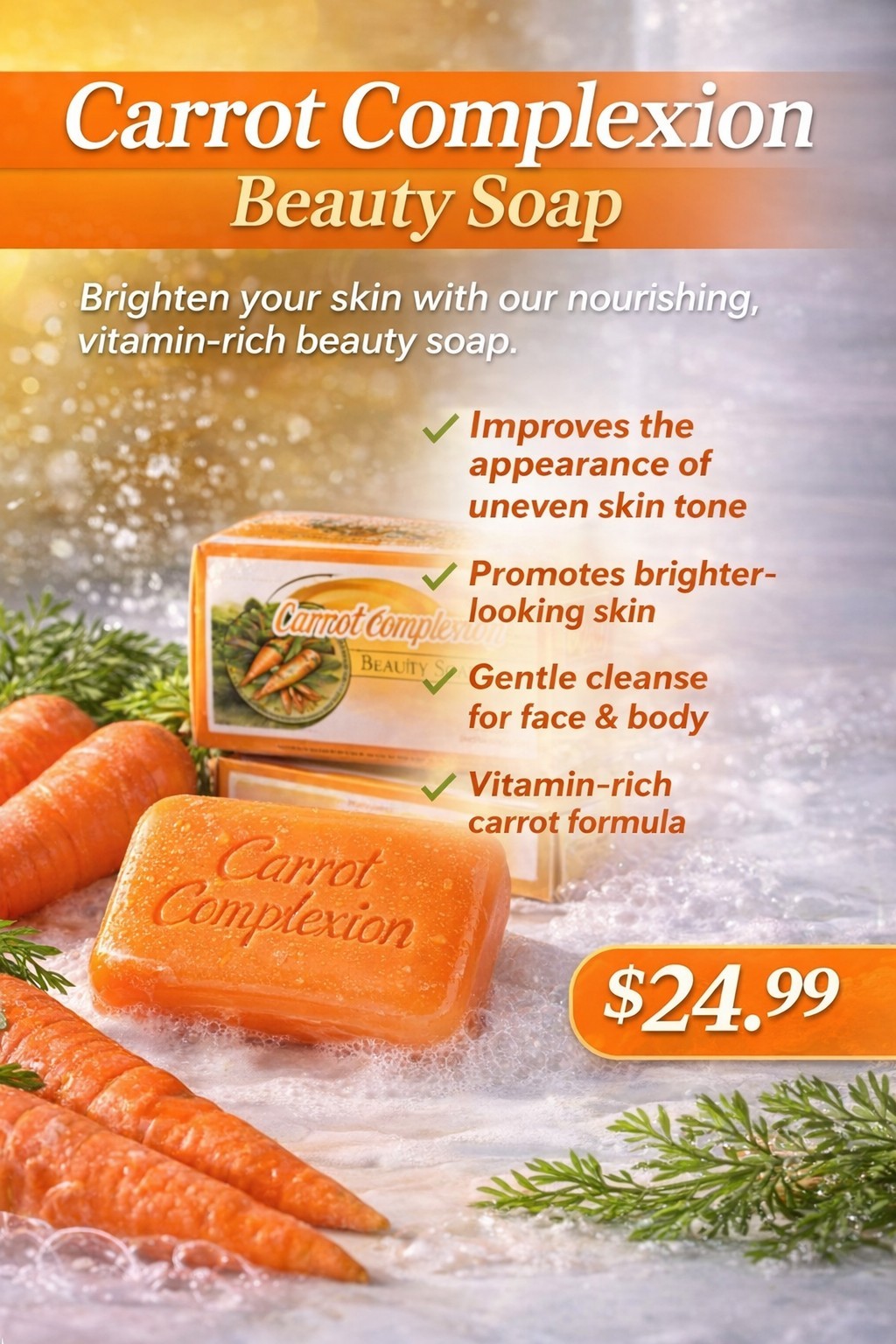 12-BAR- CARROT COMPLEXION SOAP BEAUTY BAR WITH CARROT OIL 125g (each) BRAND NEW!
