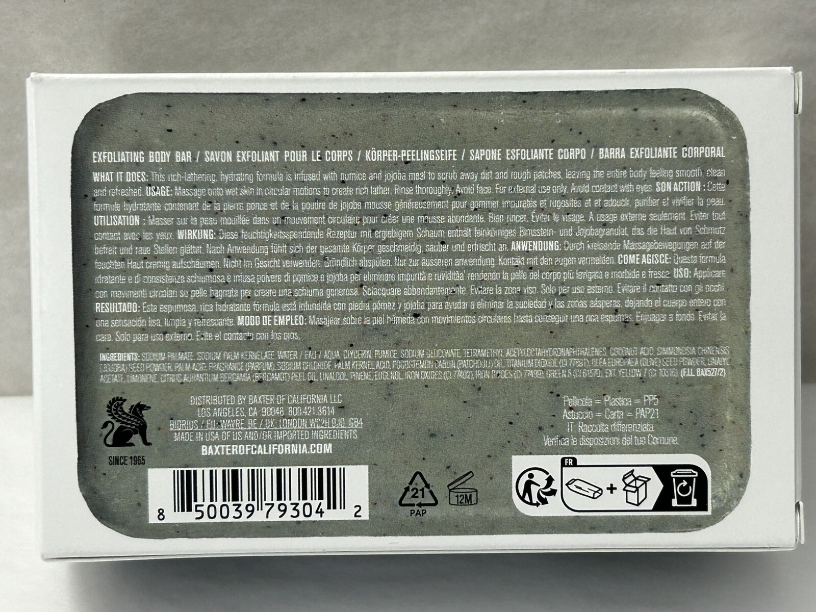 New Baxter of California Exfoliating Body Bar Cedarwood & Oakmoss 198g 7oz