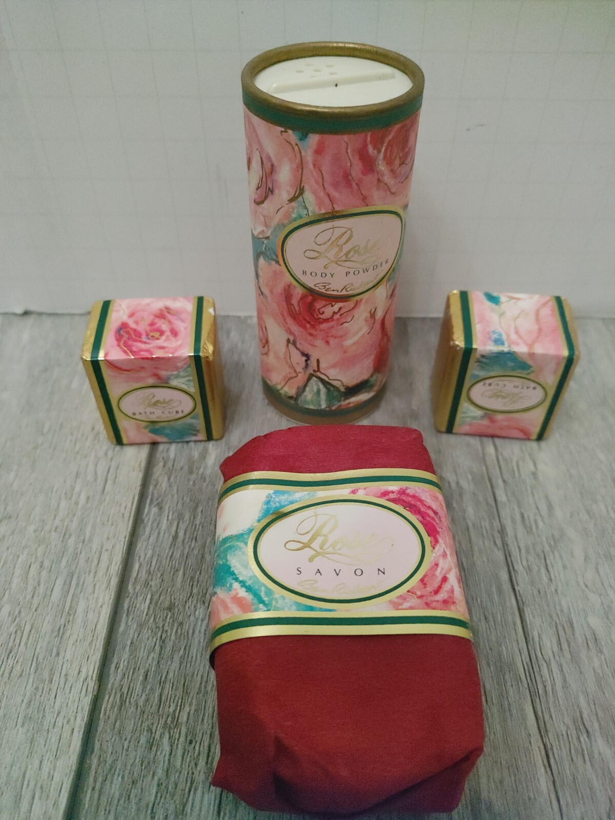 Vintage Ben Rickert ROSE POWDER 2.0Z – ROSE SOAP 3.OZ – 2-BATH CUBE 1.5 OZ EACH