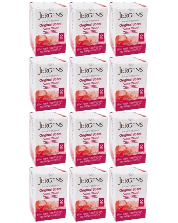 Jergens Original Scent Cherry Almond Mild Soap Bar, 2 Bars 3oz Each (Pack of 12)