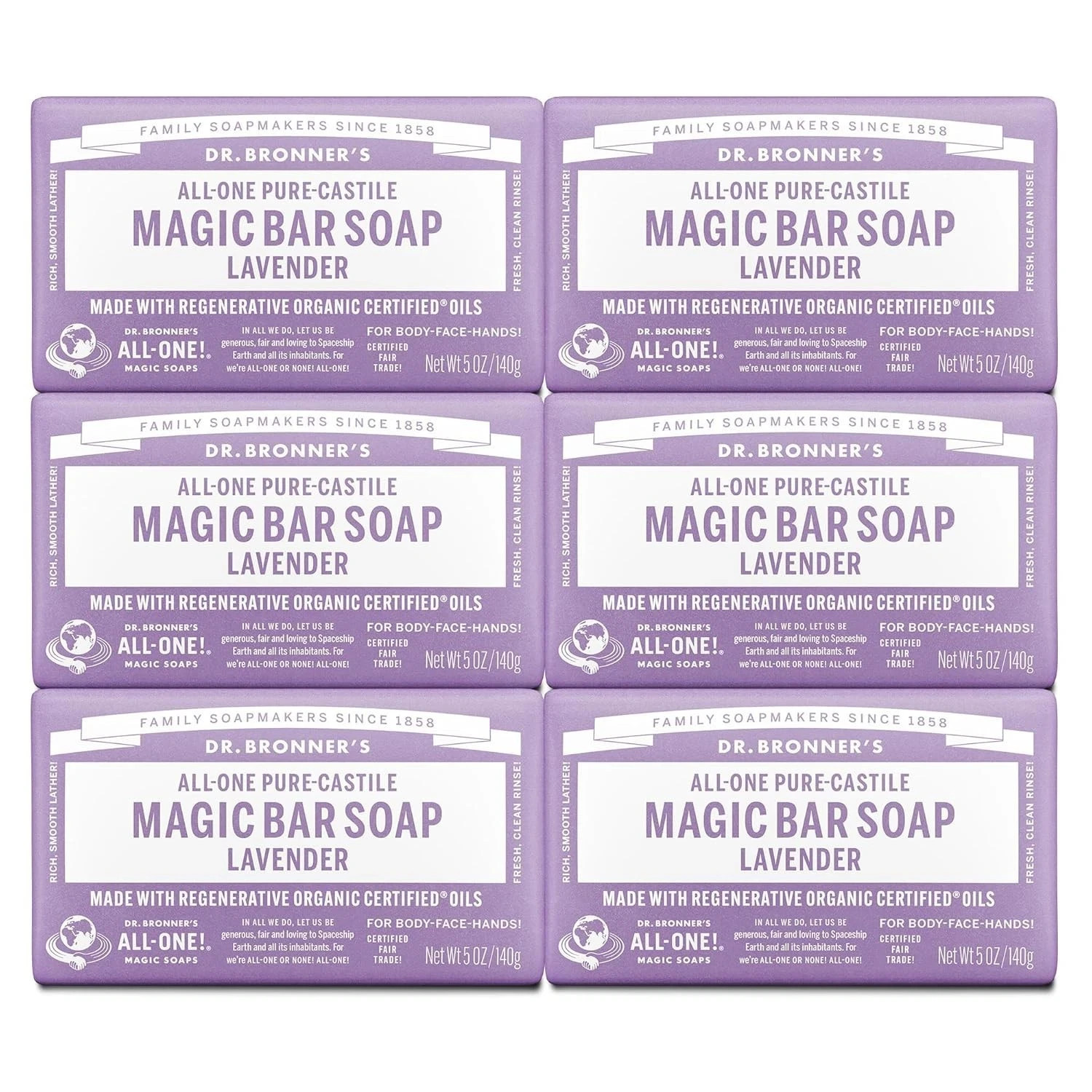 Dr. Bronner’s Pure-Castile Bar Soap Lavender 5 oz Each (Pack of 6)