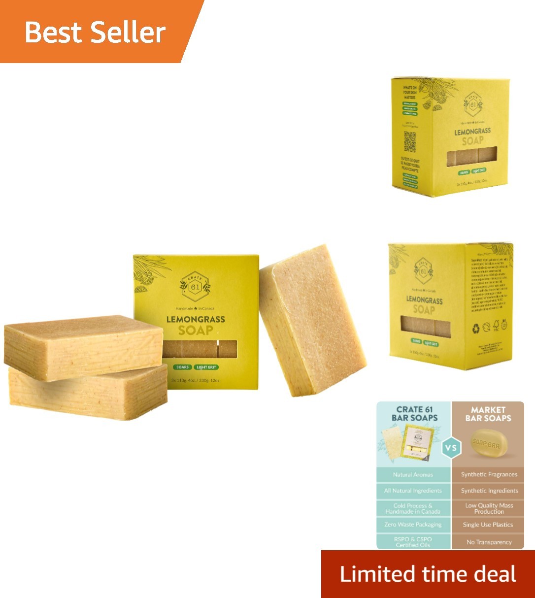 Pure Lemongrass Cold Process Soap – Plant-Based & Eco-Friendly 3 Pack