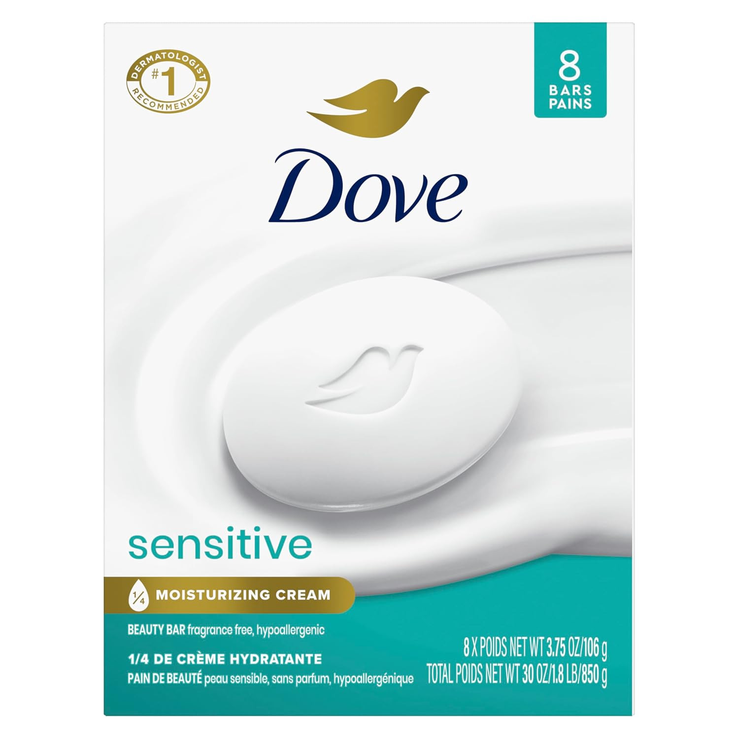 Dove Beauty Bar Soap Sensitive, 8 Bars for Sensitive Skin, Fragrance Free and Hy