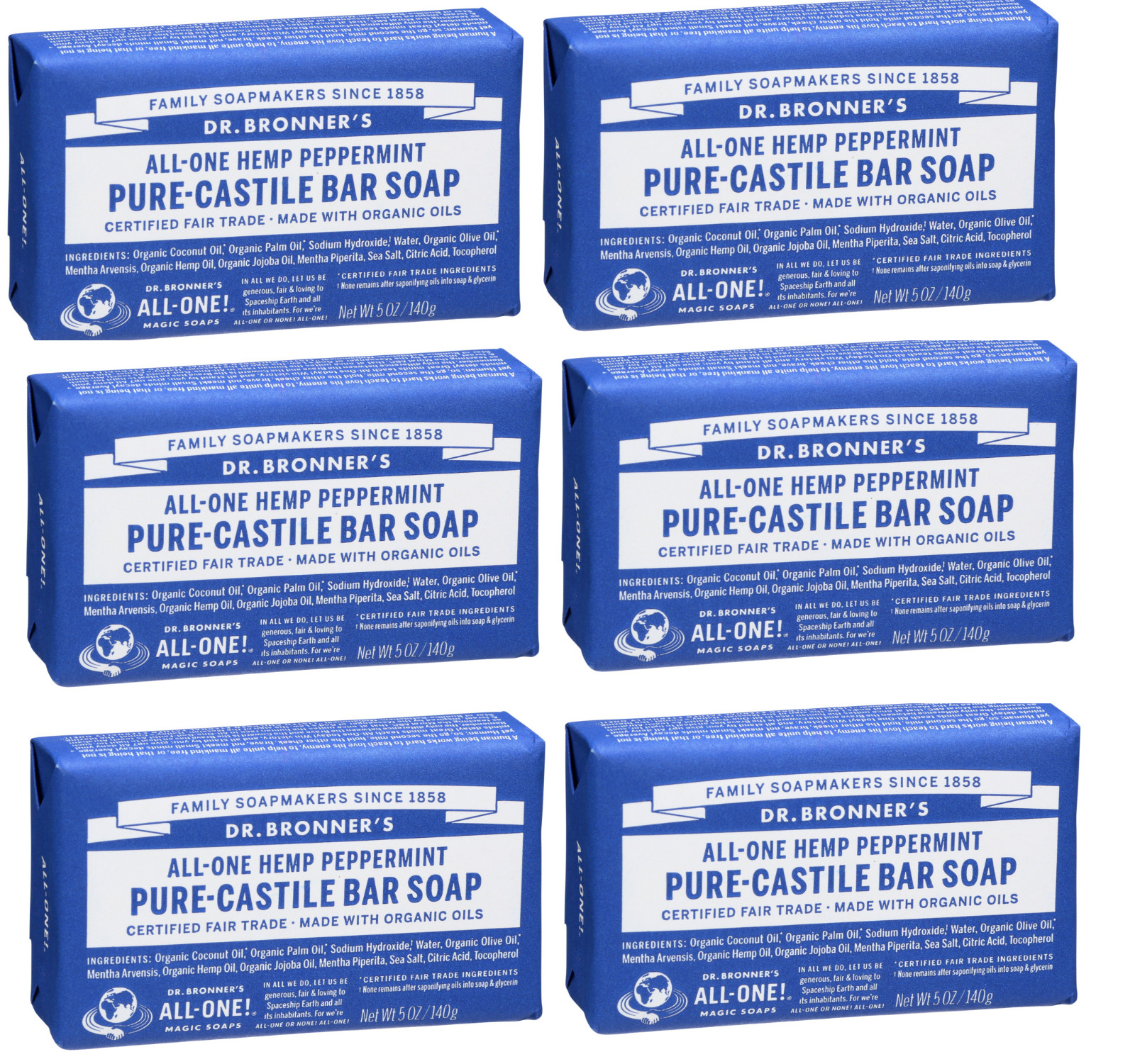 Dr. Bronner’s Pure-Castile Bar Soap Peppermint 5 oz ******value 6 pack*******