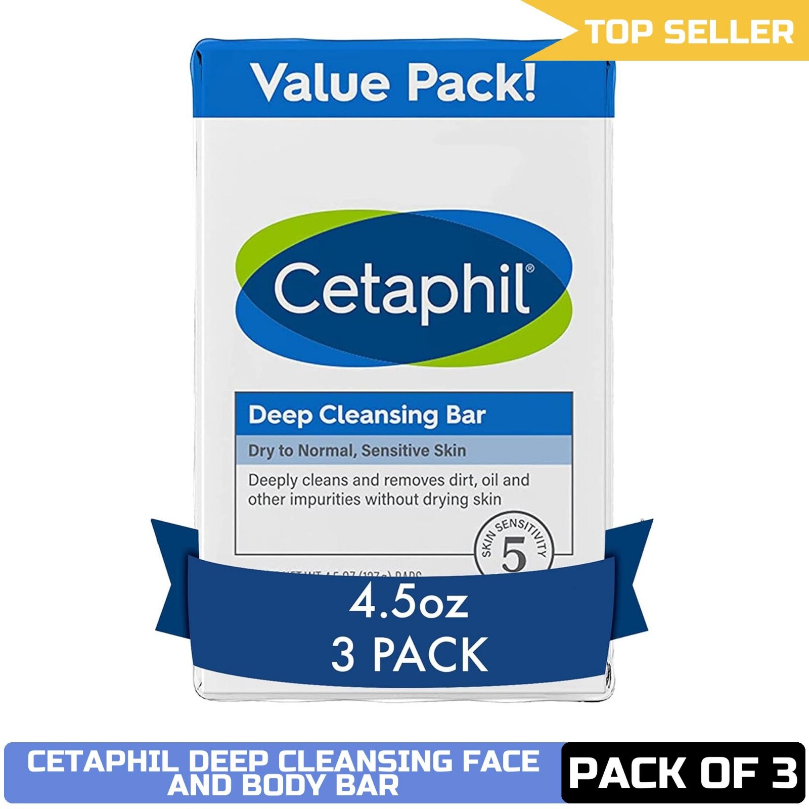 Cetaphil Deep Cleansing Face & Body Bar Soap, 3 Pack, Dry to Normal & Sensitive