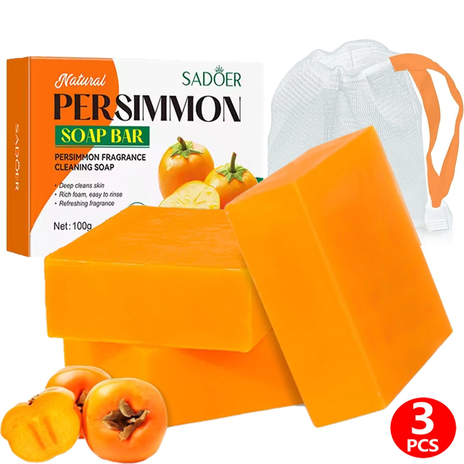 3PCS Persimmon Soap for Old People Smell, Organic Deodorant Bath Bar Body Odor