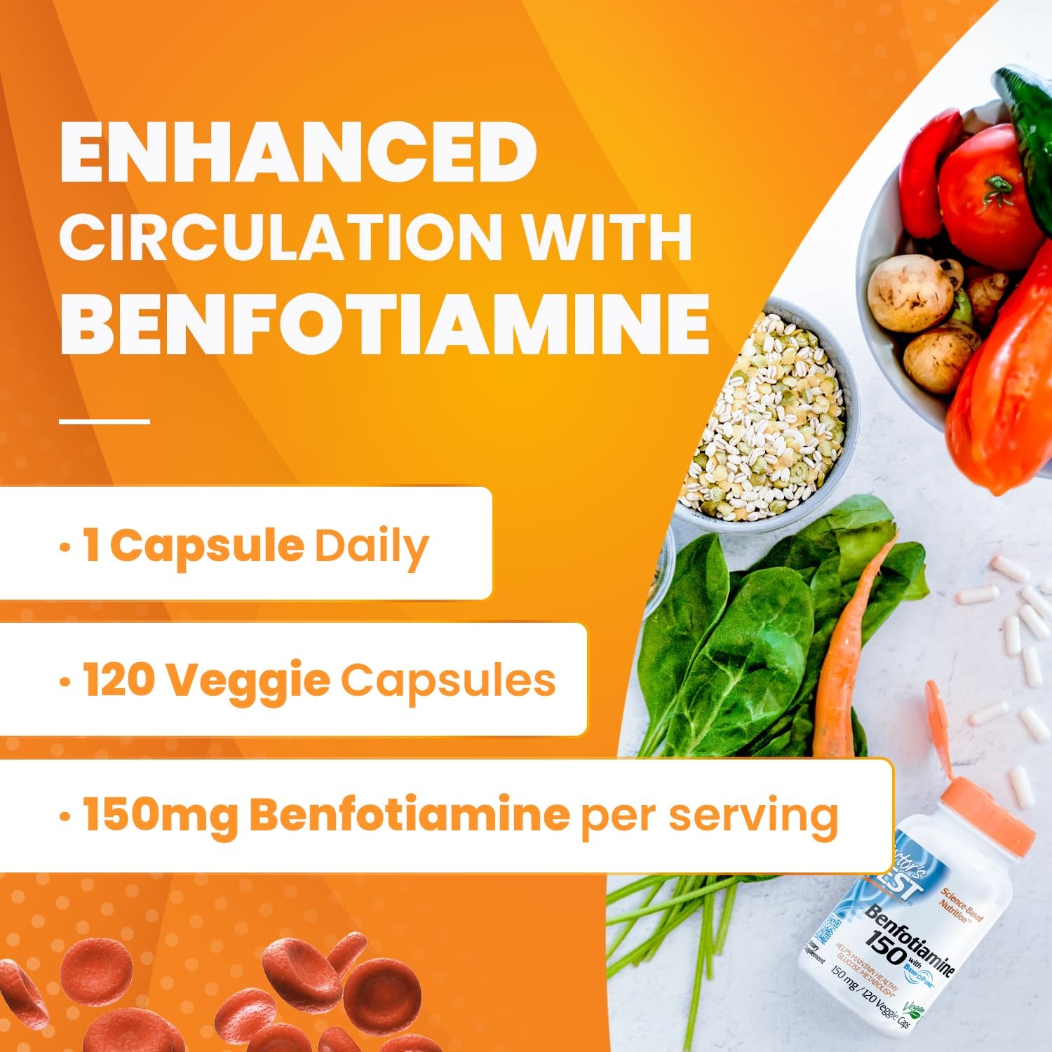 Doctor’s Best Benfotiamine 150mg Supplement 120 Count (Pack of 1), Unflavored