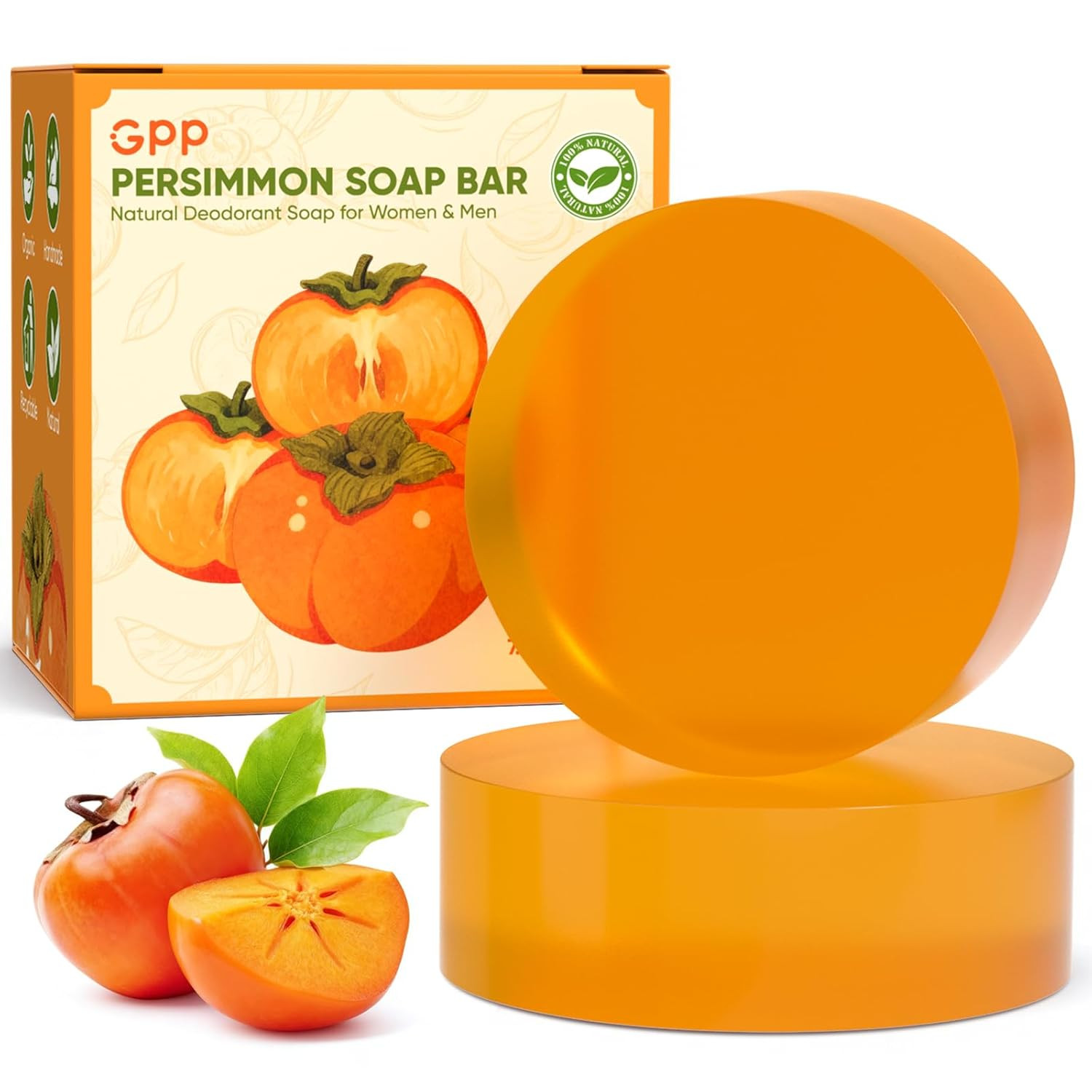 2 PCS Natural Persimmon Soap Bar for Body Odor Control, Organic Body Wash Soap f