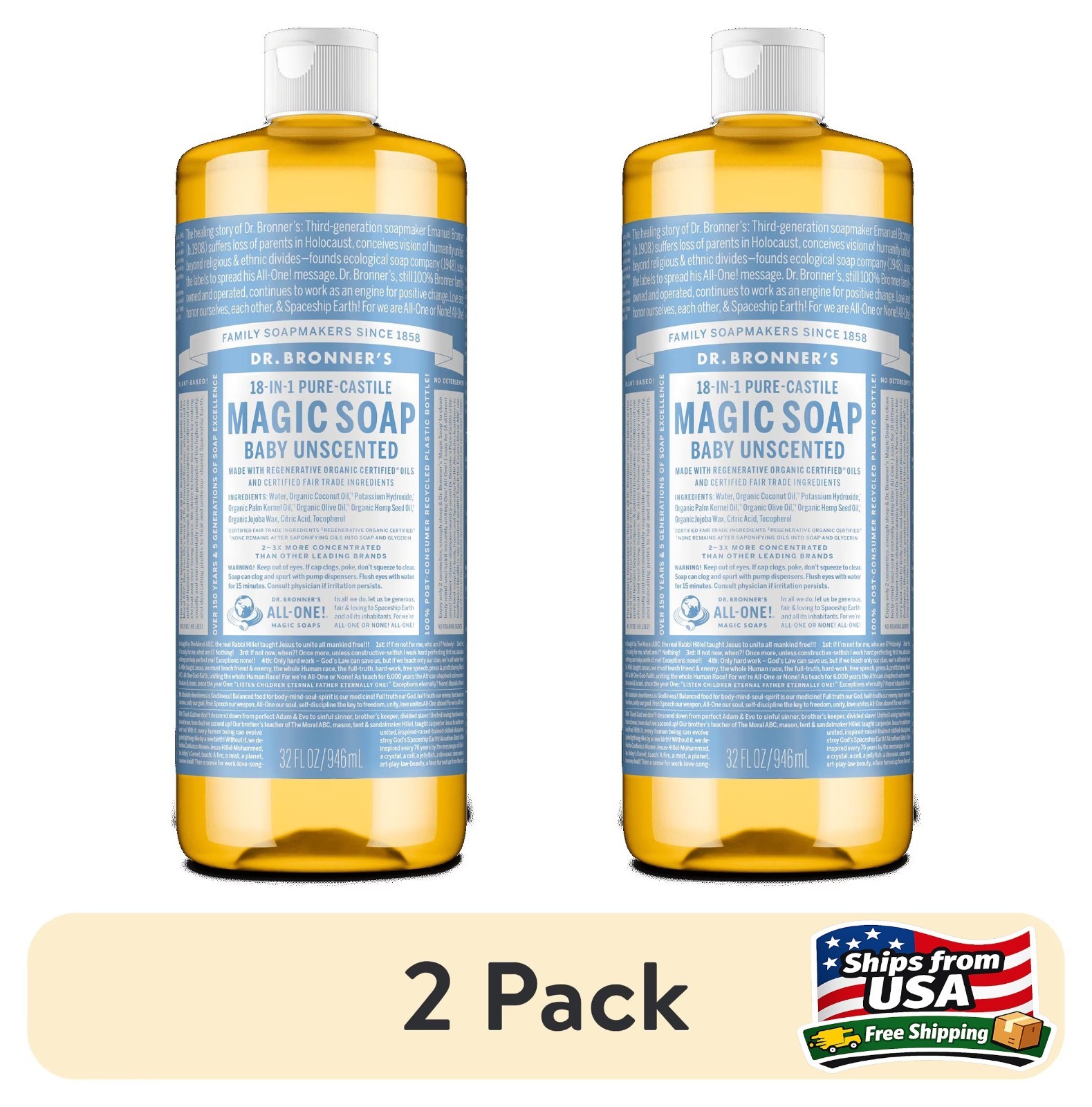 (2 pack) Dr. Bronner’s Magic Soap – Castile Liquid Soap – 32 oz – Body Wash, Fac