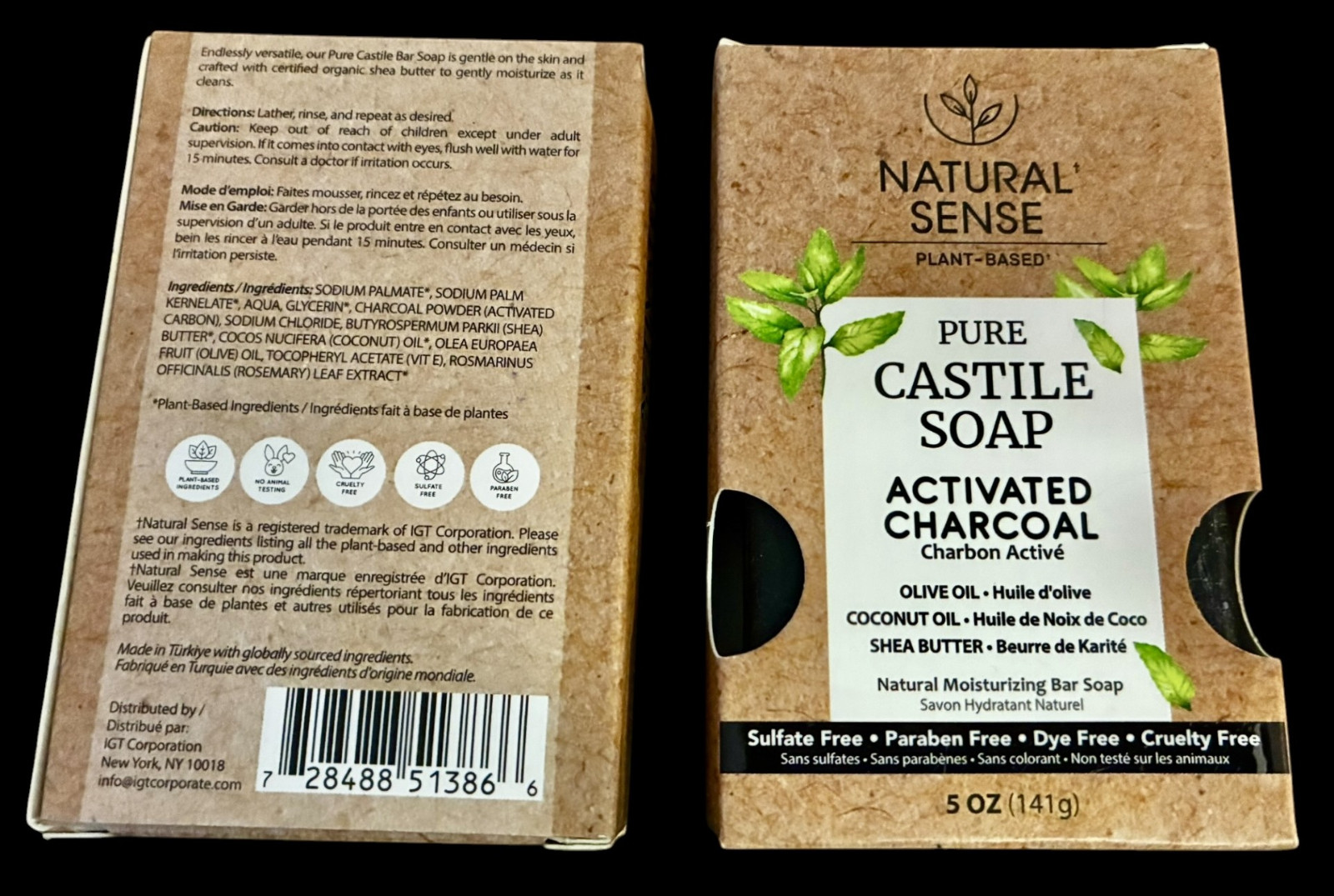 2 x Natural Sense Plant-Based Pure Castile Bar Soap Activated Charcoal 5 oz 141g