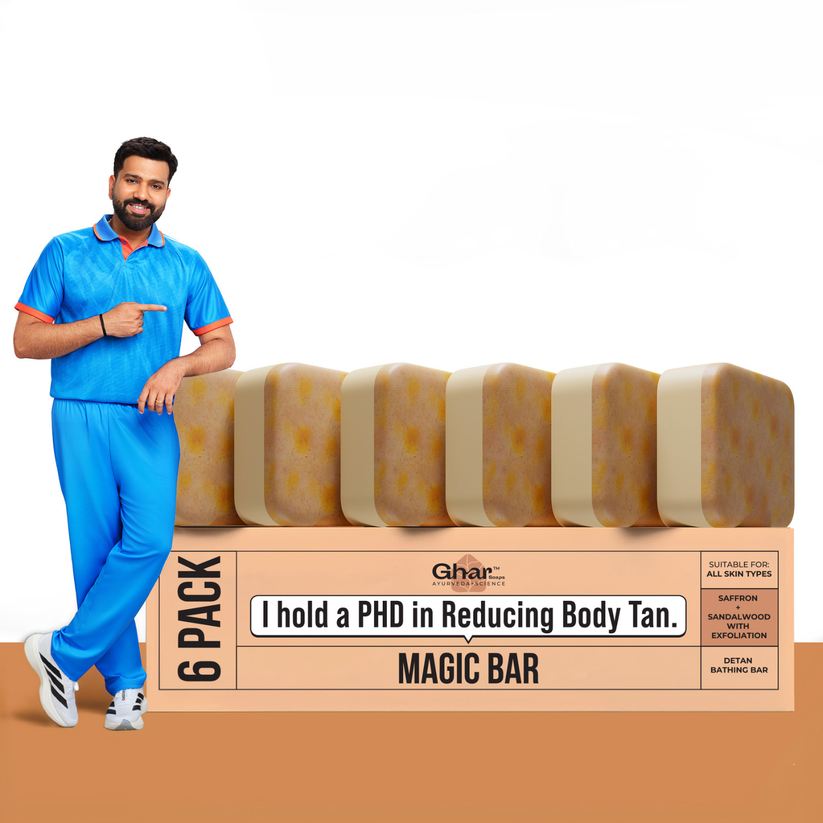6X Ghar Magic Soap (Sandal Wood and Saffron Soap), Detan Soap, 100gram Each