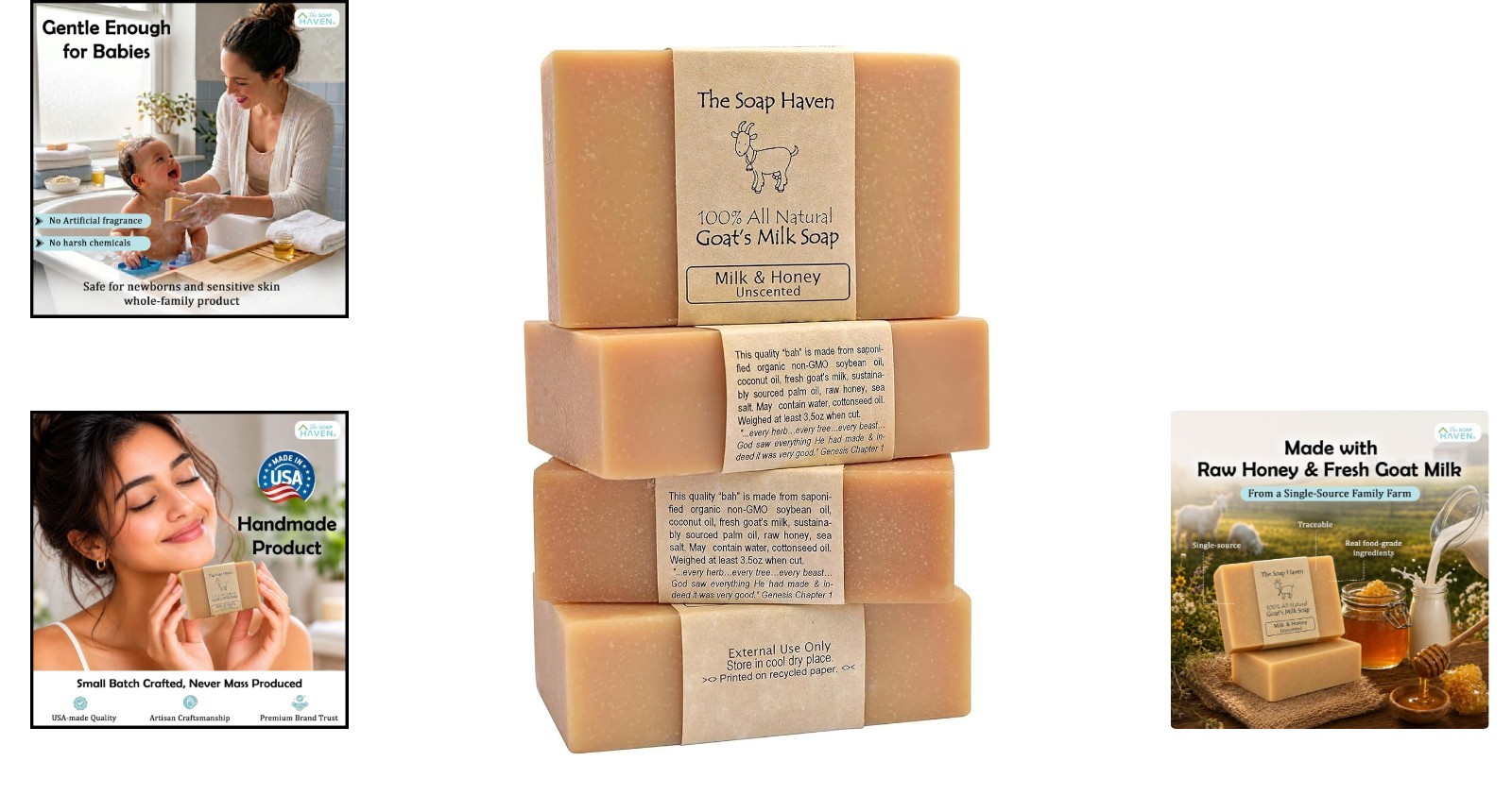 4 Goat Milk Soap Bars with Honey – Unscented & Fragrance-Free for Sensitive Skin