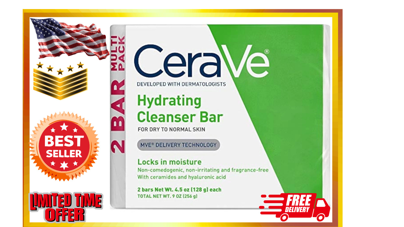 CeraVe Hydrating Cleanser Bar | Soap-Free Body and Facial Cleanser with 5%