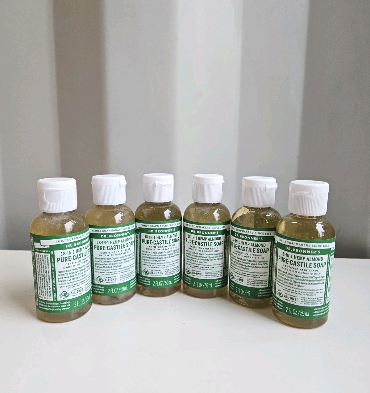 Bundle Lot Of 6 Dr. Bronner’s 18-In-1 Hemp Almond Pure-Castile Soap 2 Fl Oz.
