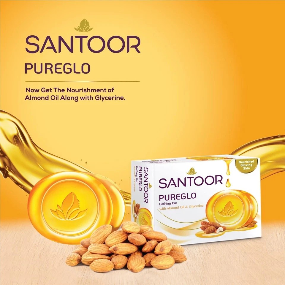 Santoor PureGlo Glycerine Soap 125g x6 | Almond Oil Moisturizing Bar