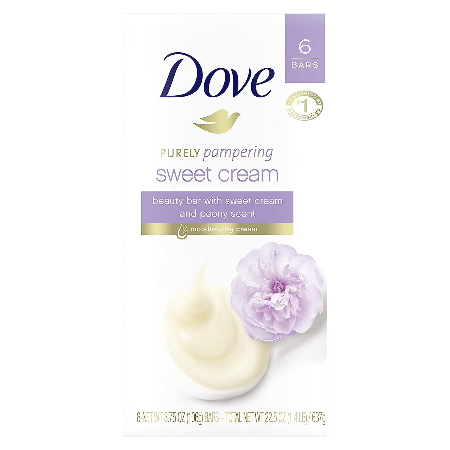 Dove Purely Pampering Beauty Bar, Sweet Cream And Peony, 4 oz, 6 bar NEW