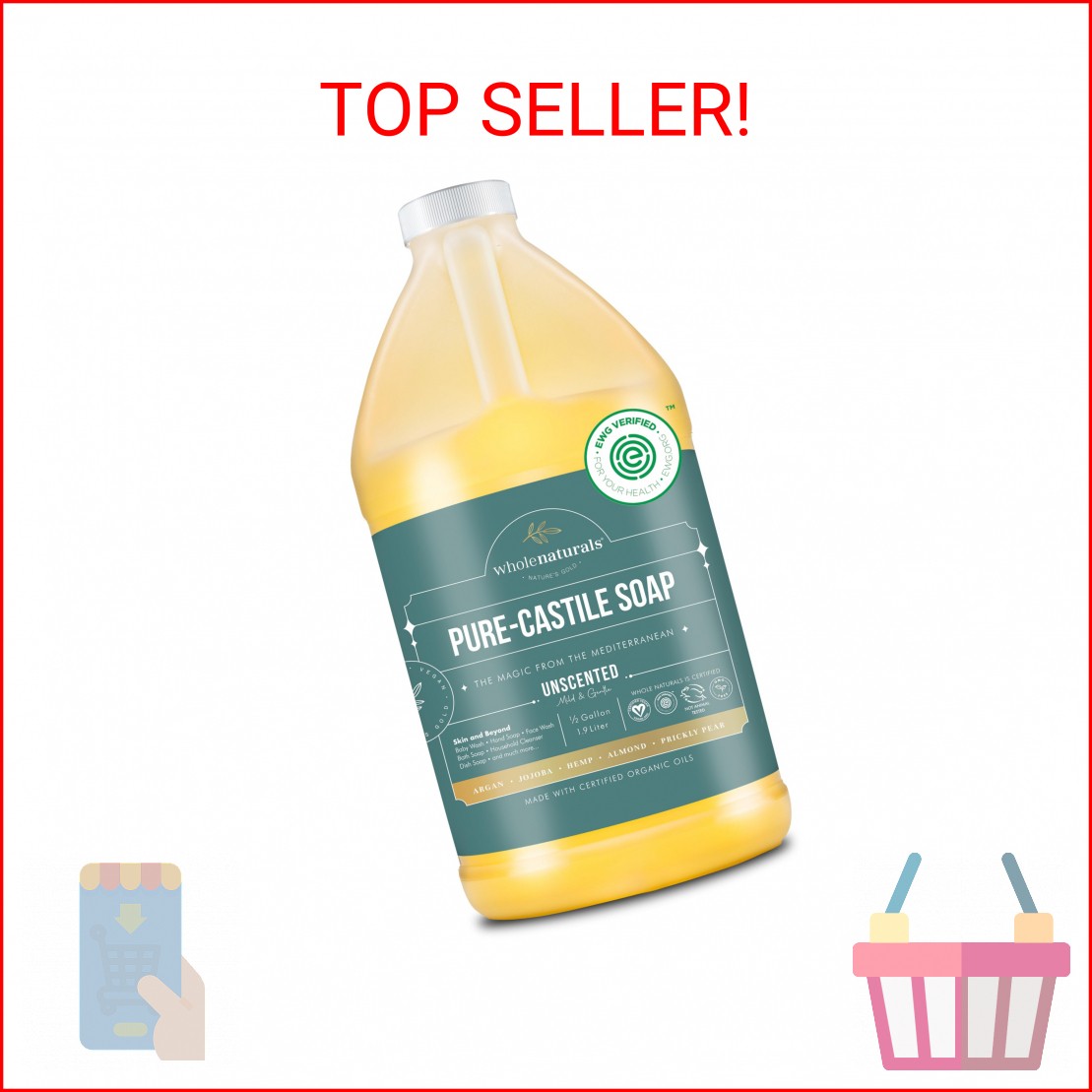 WHOLENATURALS Pure Castile Soap Liquid, EWG Verified & Certified Palm Oil Free U
