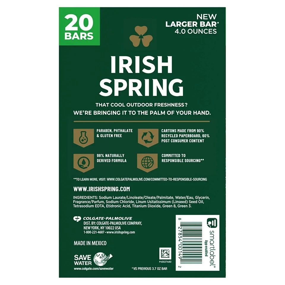 Irish Spring Bar Soap, Original Clean, New larger size bars (4 oz., 20 count)