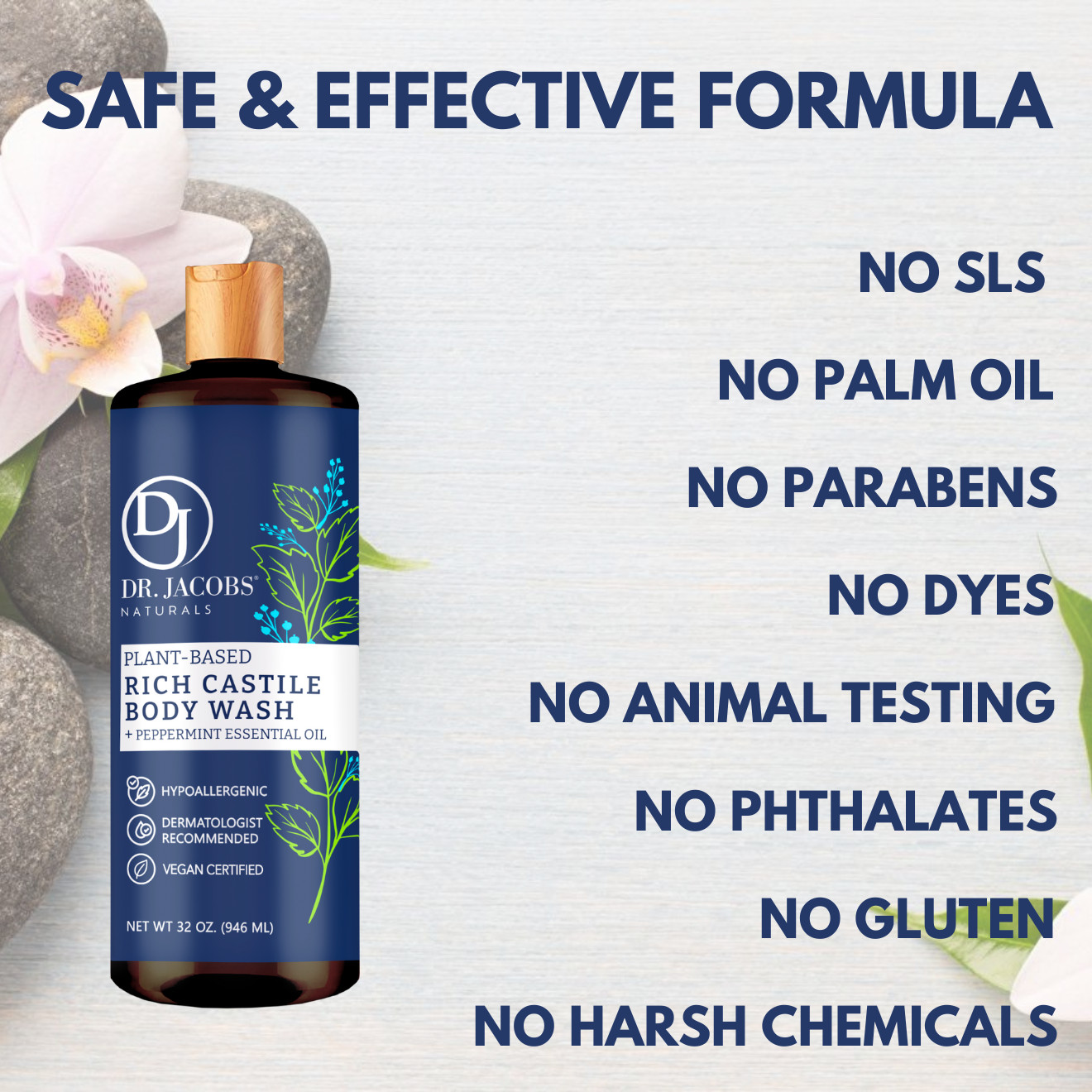 Dr Jacobs Naturals 32oz Peppermint Castile Body Wash Soap Plant-Based