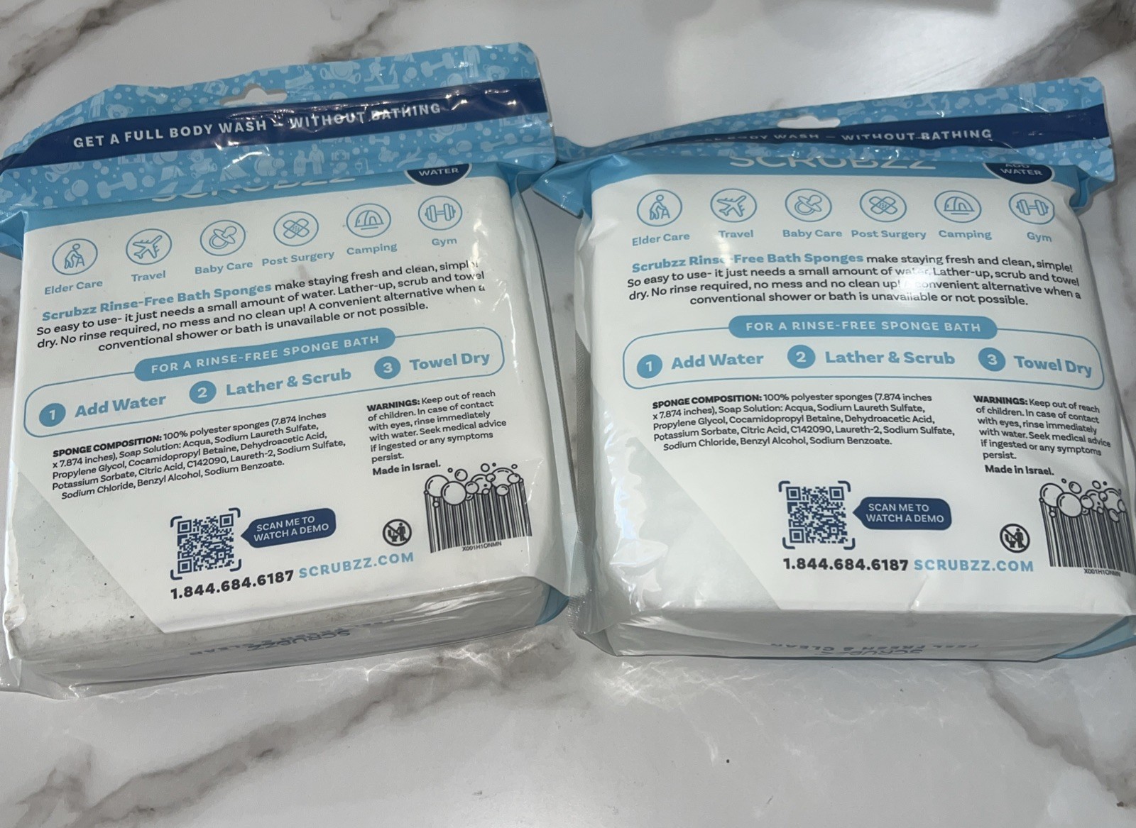 2 Scrubzz Rinse-Free Bath Sponges Soap Shampoo Infused Camping Post Surgery