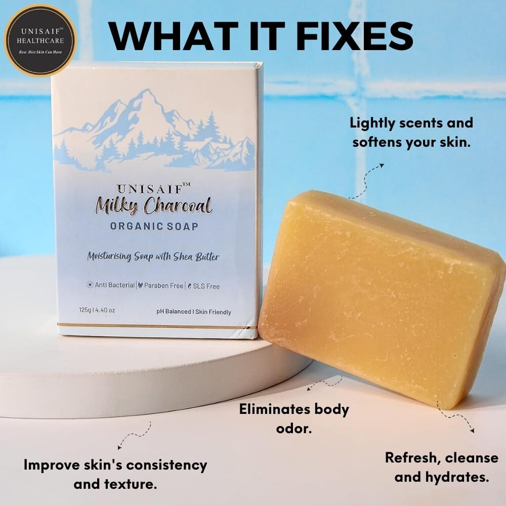 Unisaif Milky Charcoal Organic Body Soap Bar, Moisturizing Soap With Shea Butter