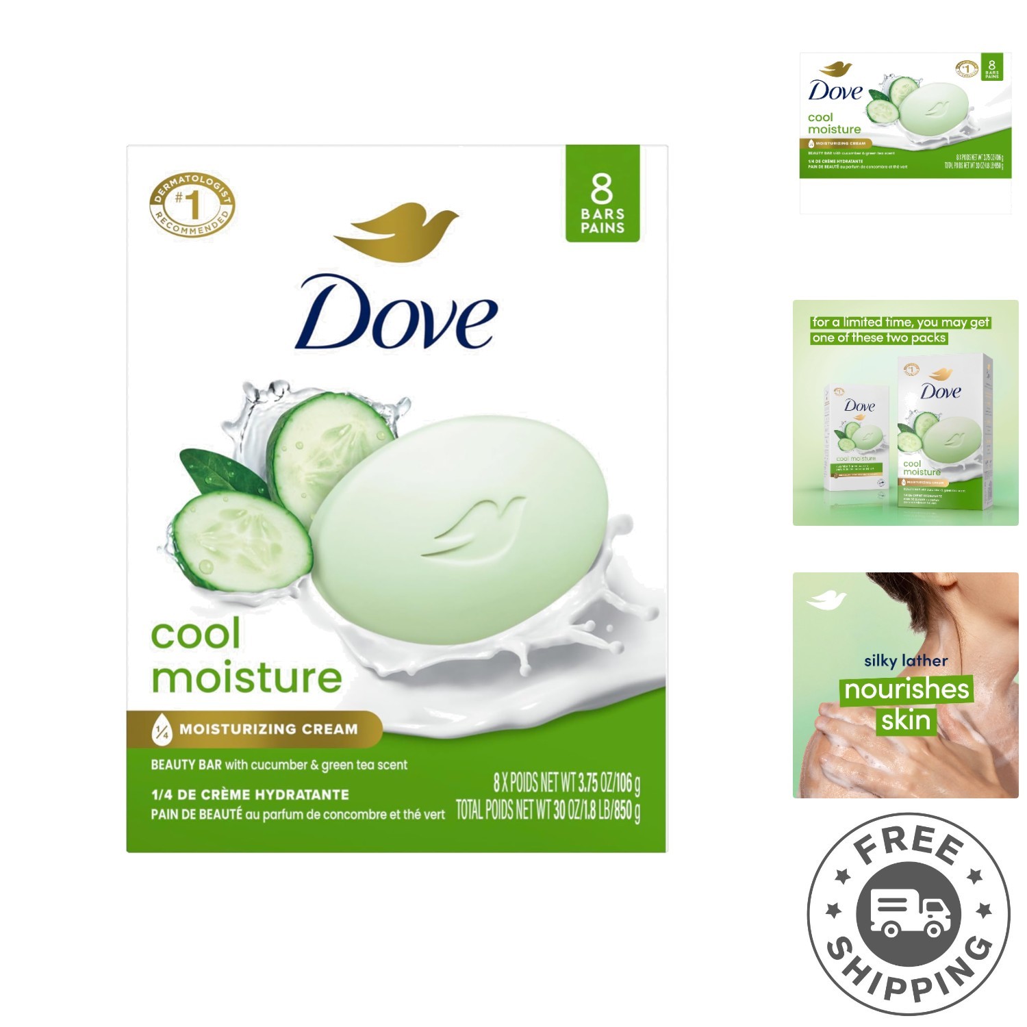 8 Bars of Cool Moisture Beauty Soap – Cucumber & Green Tea for Soft, Smooth Skin