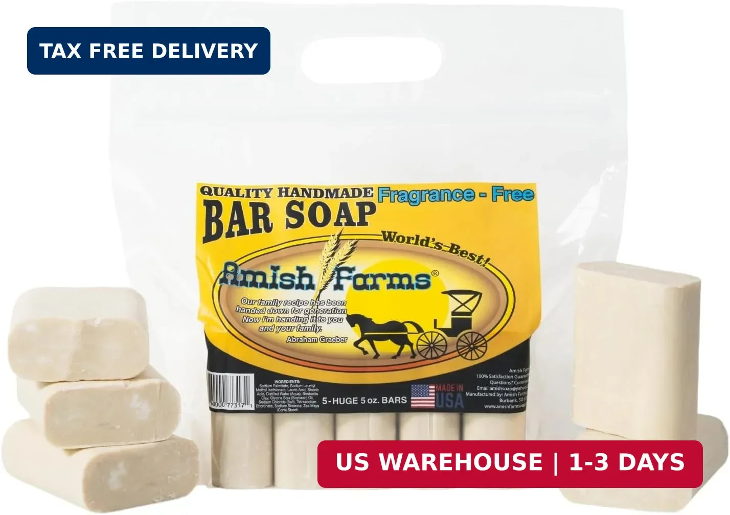 Amish Farms Fragrance Free Bar Soap with Bentonite Clay 5 oz Bars (5 Pack) Vegan