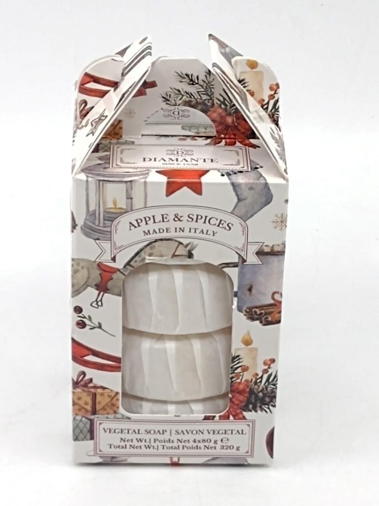 Diamante Apple & Spices Vegetal Soap Set 4 Round Bars 2.8 Oz Each 80g Italy Xmas