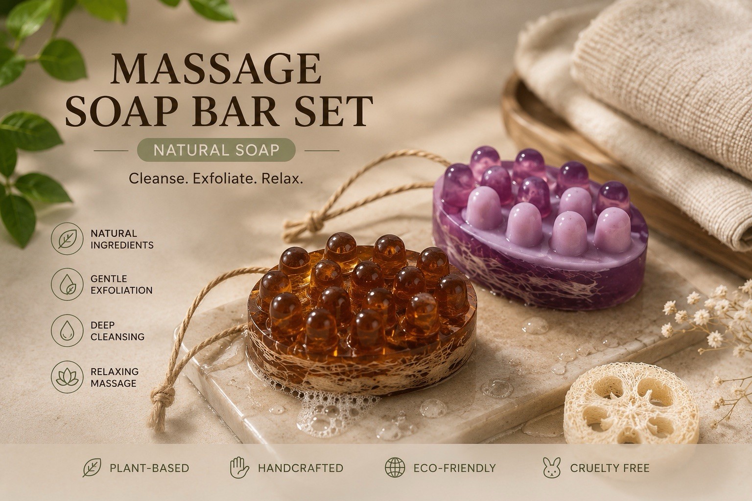 Loofah Soap Bar Set – Lavender & Coffee Massage Soap – Natural Handmade Spa Gift