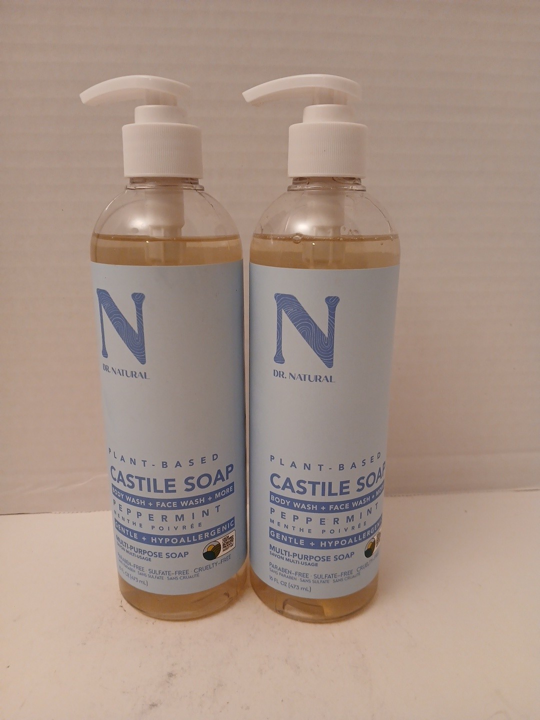 TWO Castile Liquid Soap Body & Face Wash, Peppermint, 16 fl oz Each