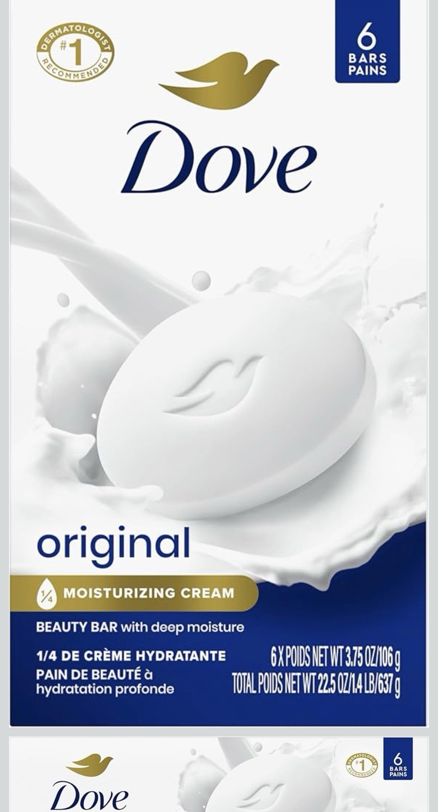 Dove Original 1/4 Moisturizing Cream Beauty Bar Soap 6 Bar Pack