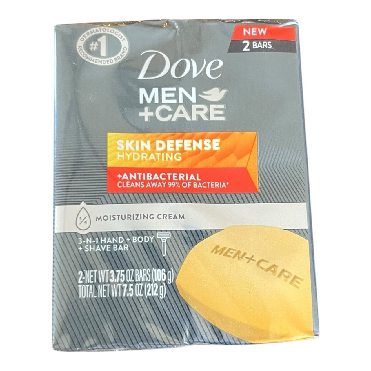 Dove Men+Care 3-N-1 Hand+Body+Shave Bar Skin Defense Soap 2 Bars 3.75 Oz NEW