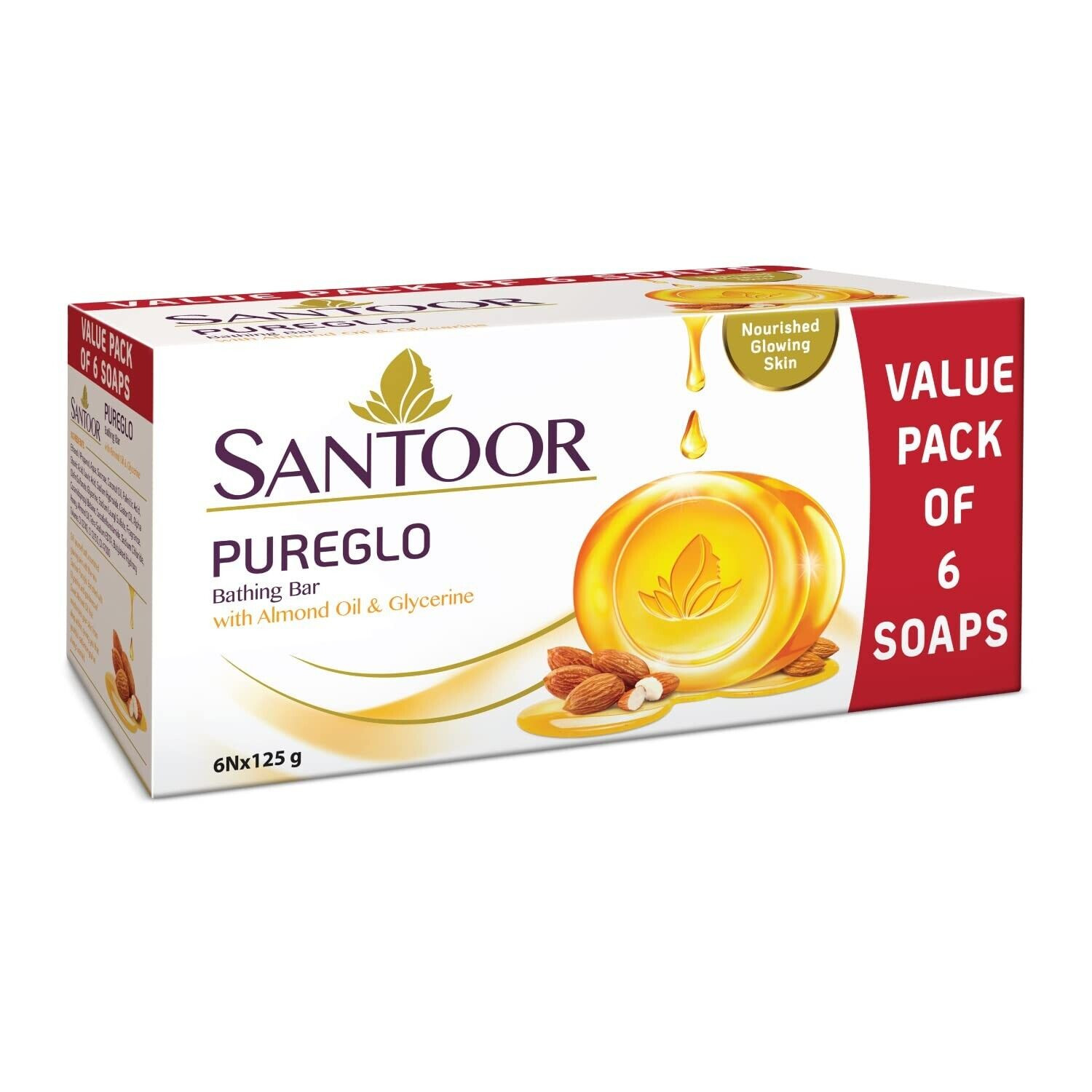 Santoor PureGlo Glycerine Bath Soap with Almond Oil (Pack of 6) 125g/Ea – CA