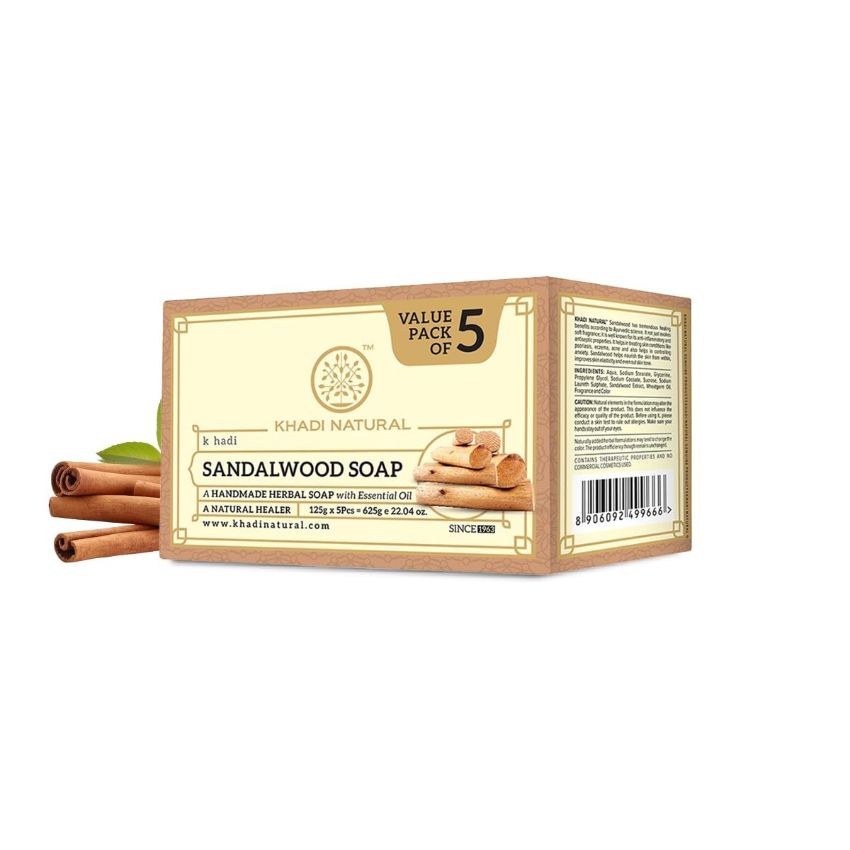 Khadi Natural Sandalwood Soap Pack of 5 Handmade Herbal Bath Soap 125g
