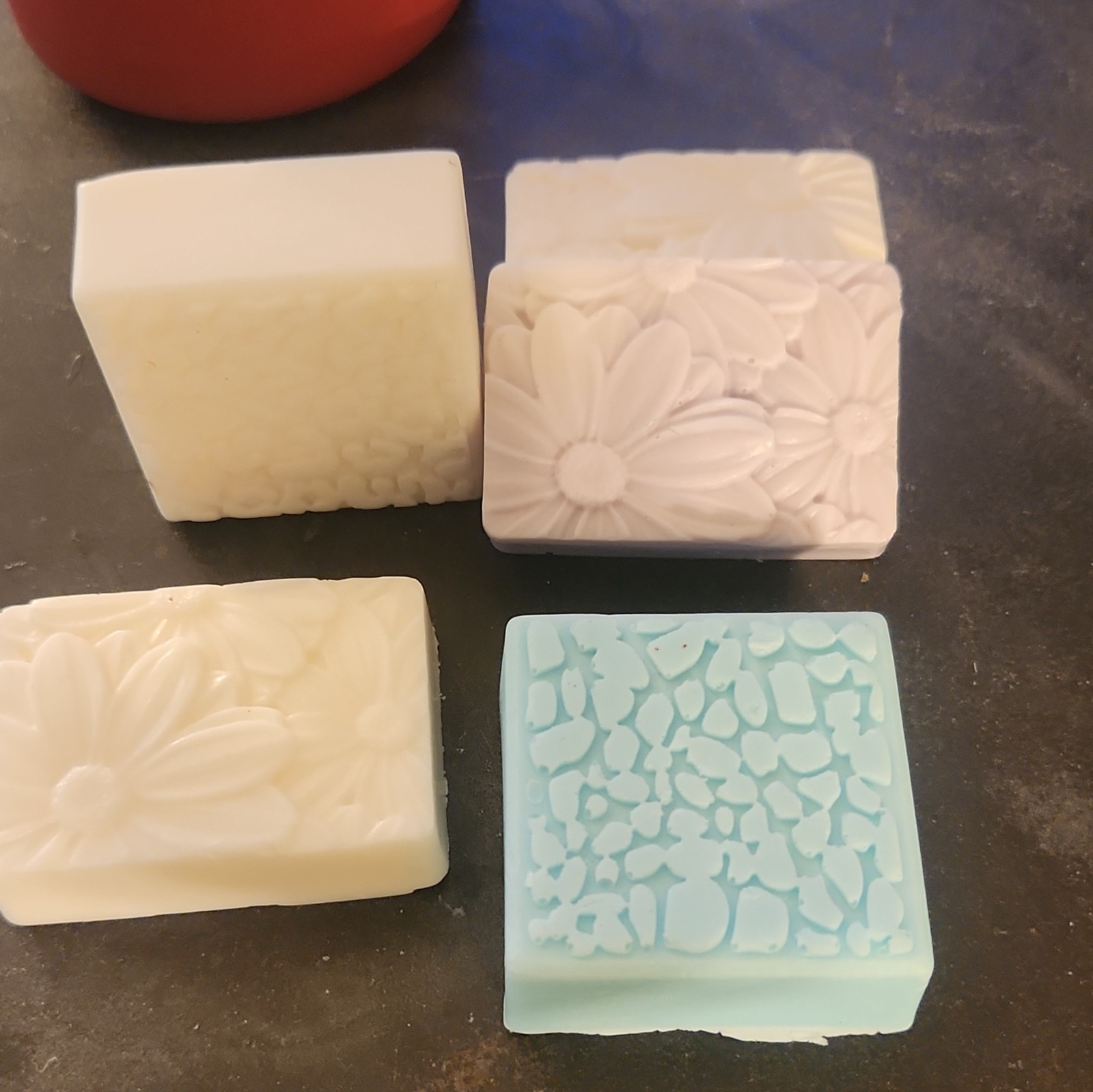 Floral Embossed Rectangular Body Bar Soap Lot of 5, White Blue Purple