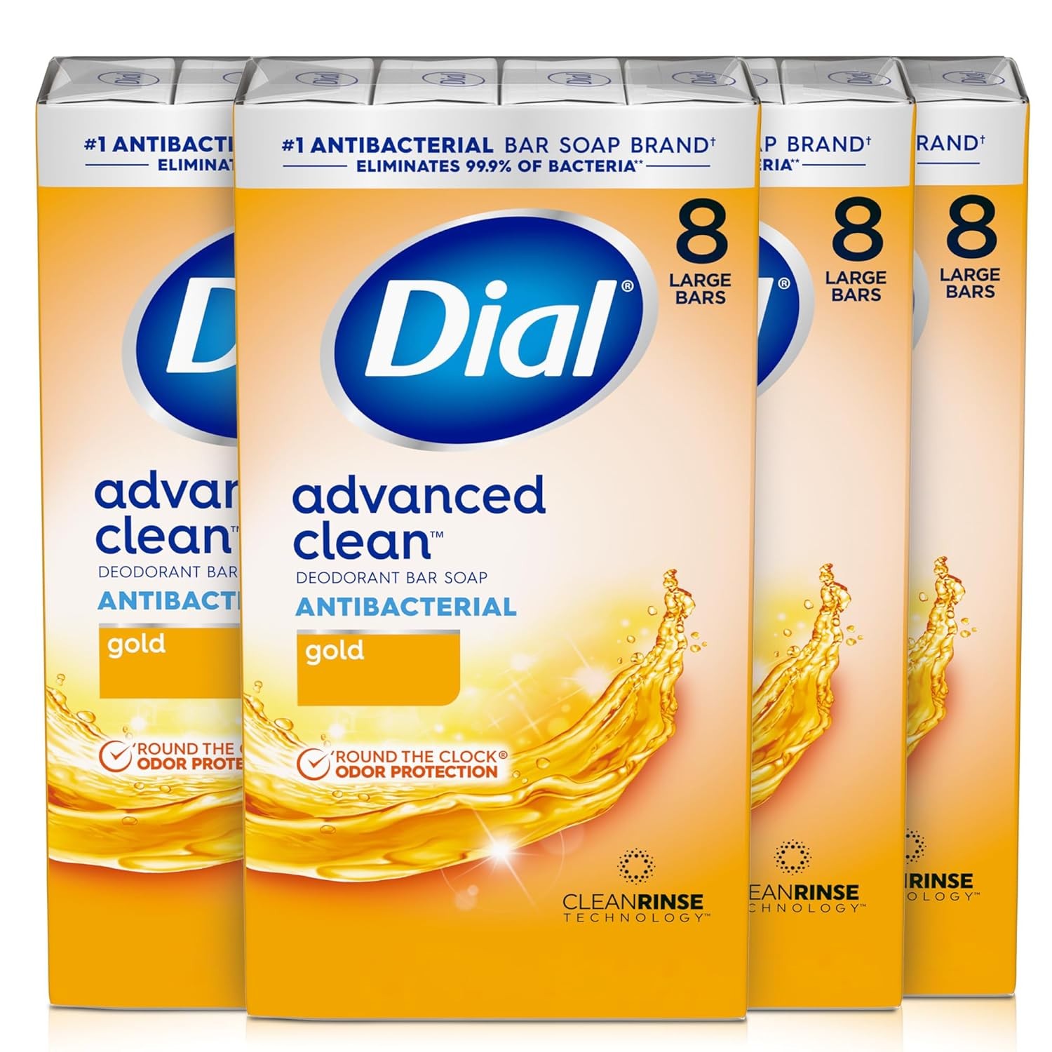 Dial Antibacterial Deodorant Bar Soap, Advanced Clean Gold, 4 Oz, 32 Bars, Round