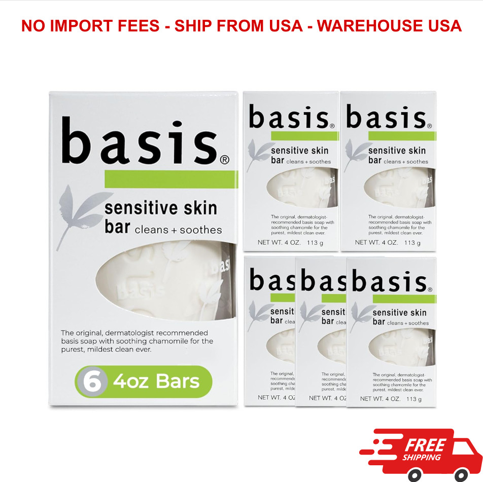 Basis Sensitive Skin Bar Soap for Body, Hands and 4 Ounce (Pack of 6), white