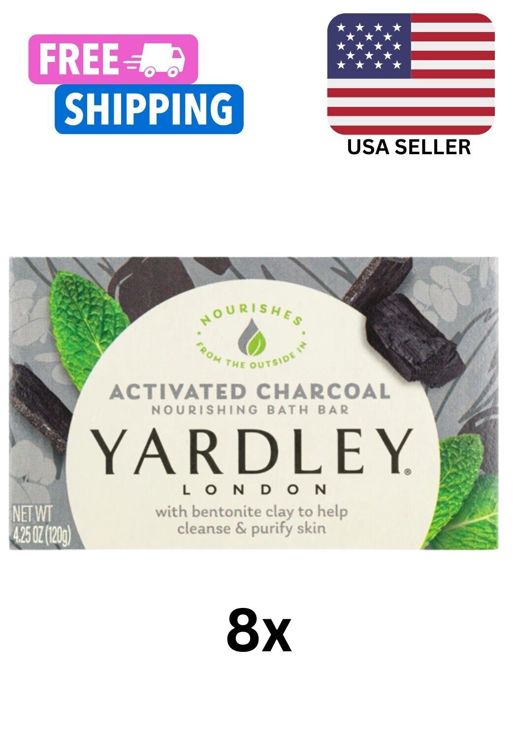 YARDLEY Activated Charcoal Soap 4.0 Oz 🔥8 Bars🔥 Soaps Free shipping