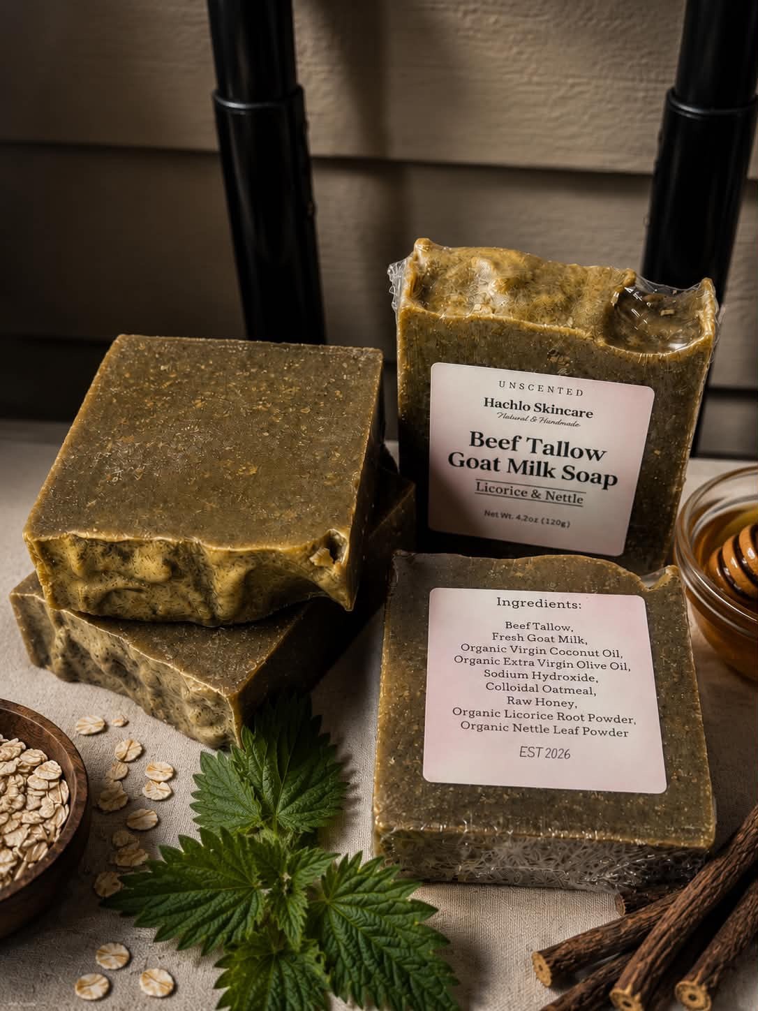 1 Bar Unscented Beef Tallow & Goat Milk Soap – Licorice & Nettle