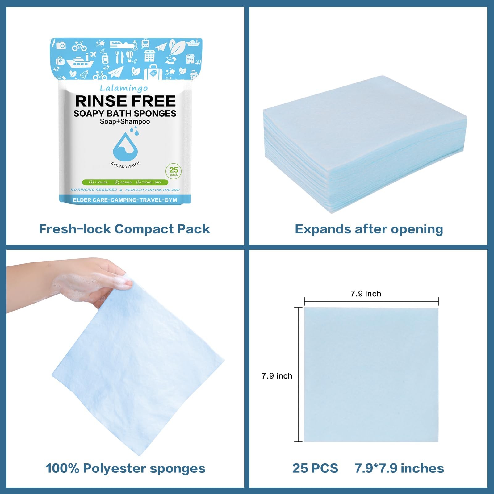 No Rinse Bathing Wipes for Adult Rinse Free Bath Sponges Soap Infused Dry Shower