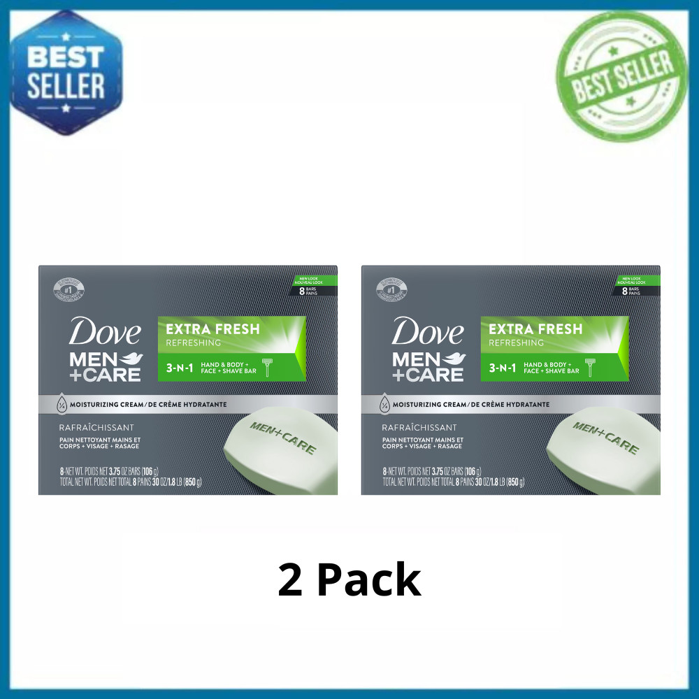 2PK Dove Men+Care Extra Fresh Body, Face, Bar Soap, 4 oz, 8 Bars Each (16 Bars)