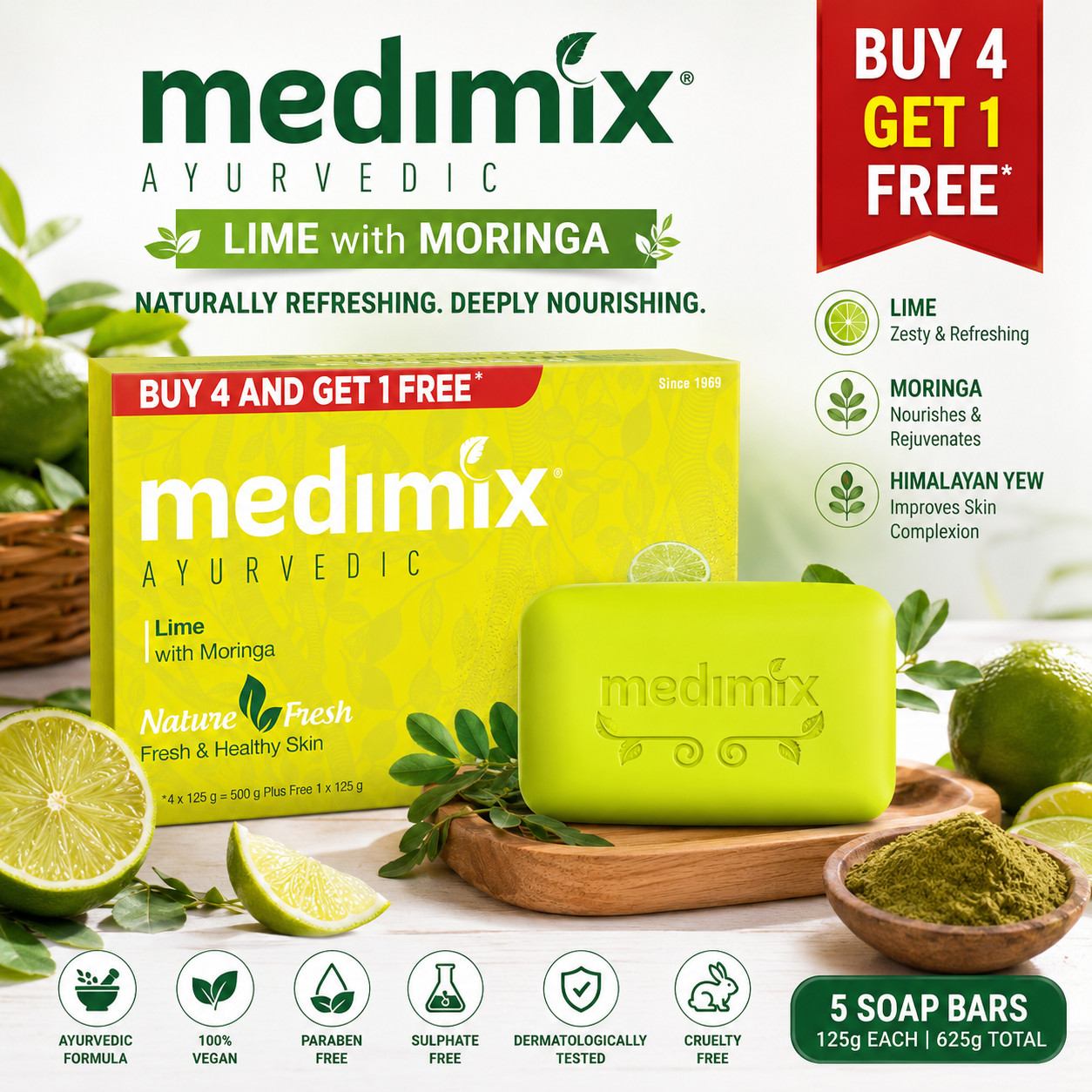 Medimix Herbal Bath Soap with Lime & Moringa | 5 x 125g | Ayurvedic Body Soap