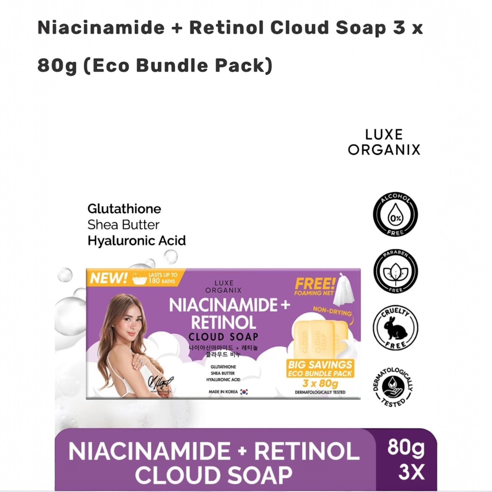 Luxe Organix Niacinamide + Retinol Cloud Soap 3x 80g (Eco Bundle Pack)
