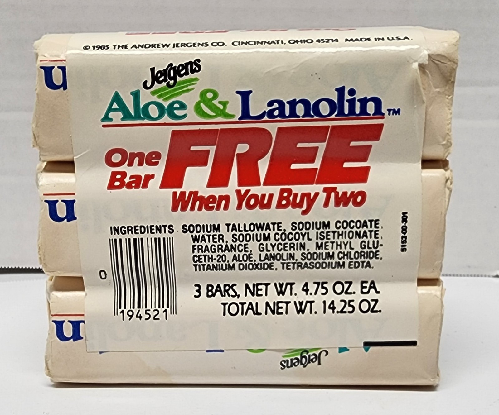 Vintage JERGENS ALOE & LANOLIN Skin Conditioning Bar Soap 3 Pack 4.75 oz Each